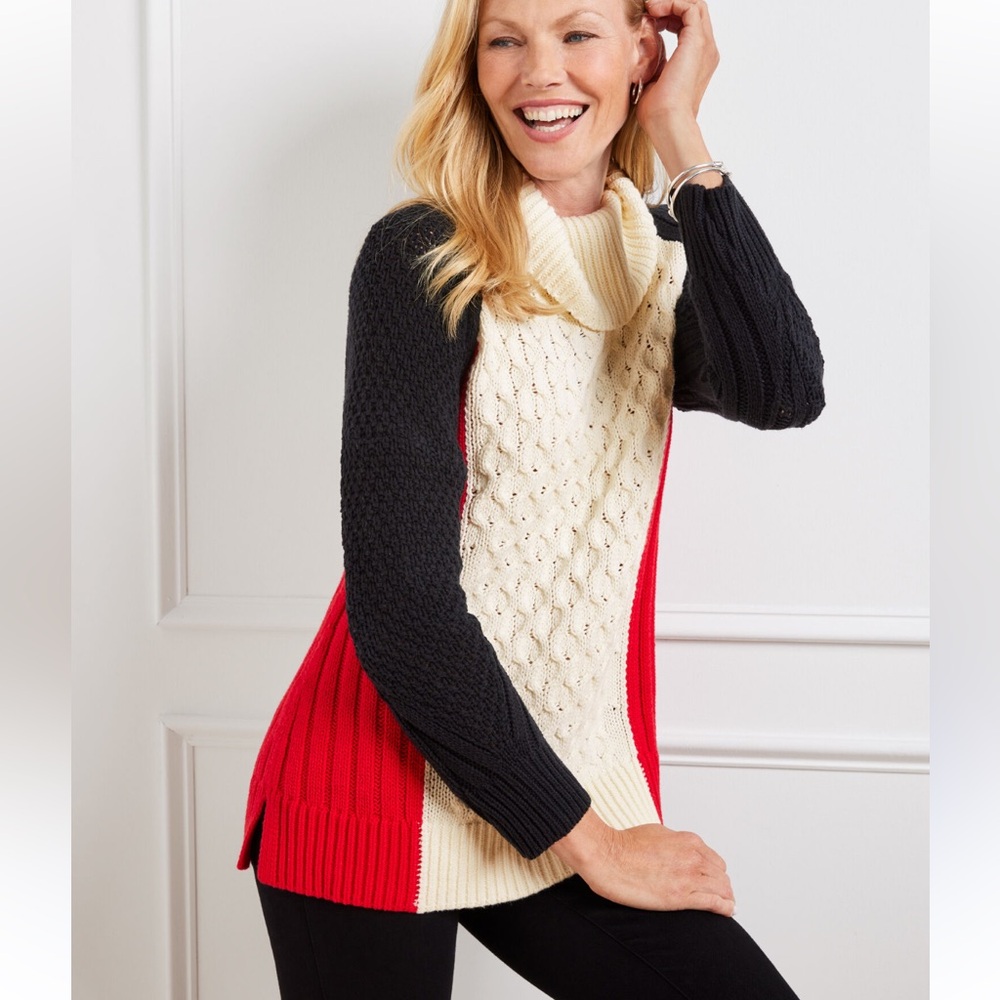 Talbots NWOT‎ Colorblock Red Black and White Mixed Stitch Turtleneck Sweater XS